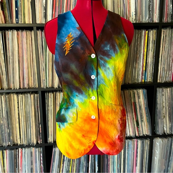 Fitted sleeveless 🌈 ice dyed linen grateful silk Jerry Garcia tie bolt 💀⚡️vest - Picture 1 of 9